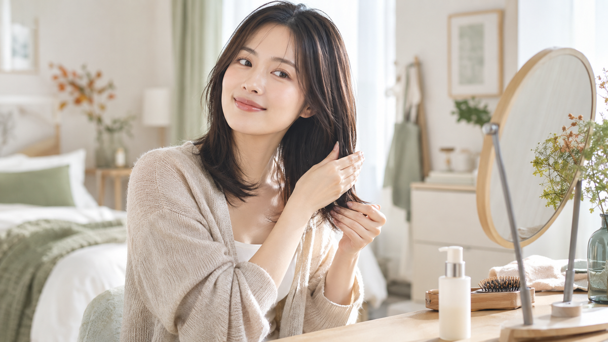 朝のヘアセットで髪の広がりを整える日本人女性