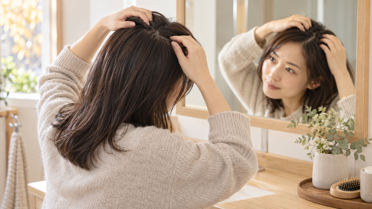 洗面台の前で髪をかき分けて頭皮の状態を確かめる日本人女性