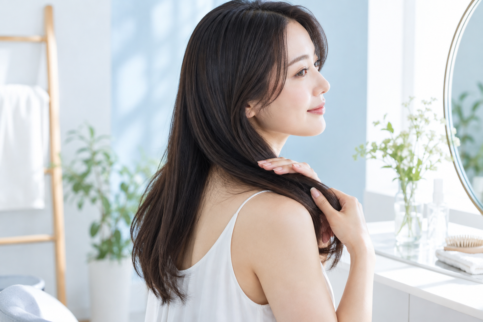 長い黒髪にアウトバストリートメントをなじませる日本人女性
